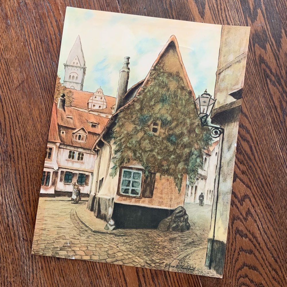 Charming Village Scene Vintage Print
